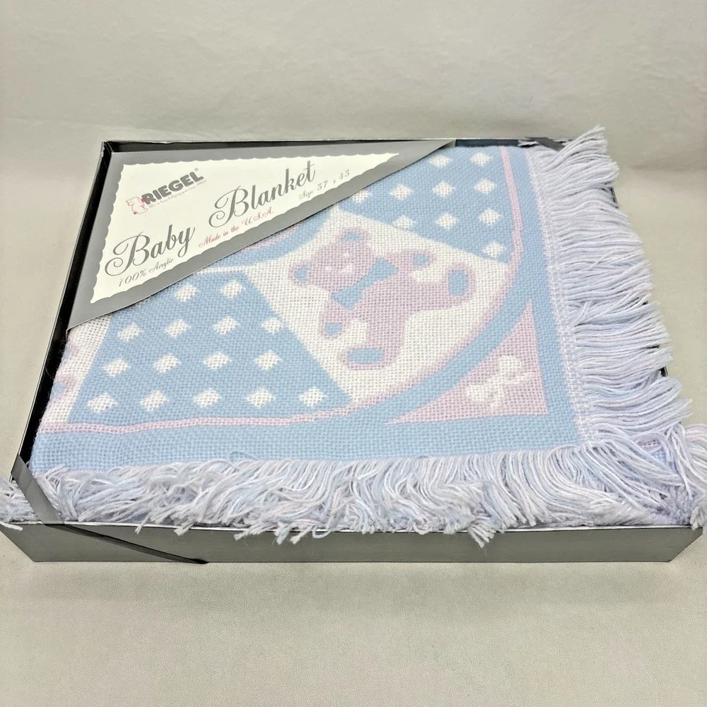 Vtg Riegel Teddy Bear Baby Blanket Pink Blue USA 37x43 Woven Fringe Throw Pastel